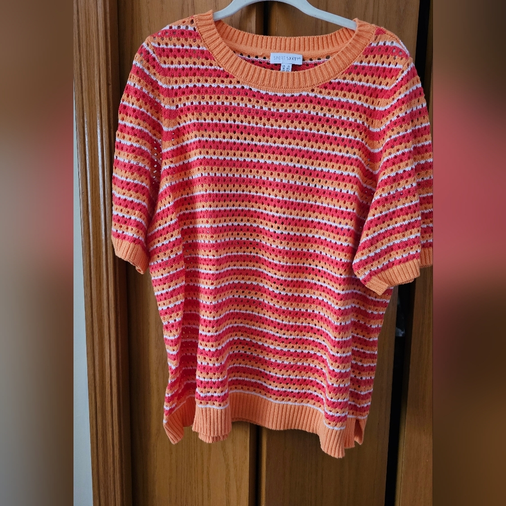 Sport Savvy Women's Plus Size Striped Orange and white stripped Sweater